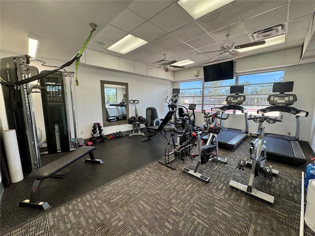 exercise room with a drop ceiling, a healthy amount of sunlight, and ceiling fan