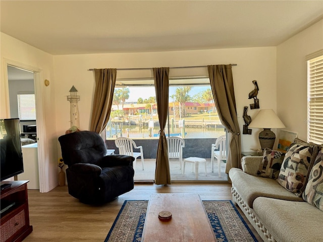 living room with a water view and hardwood / wood-style flooring