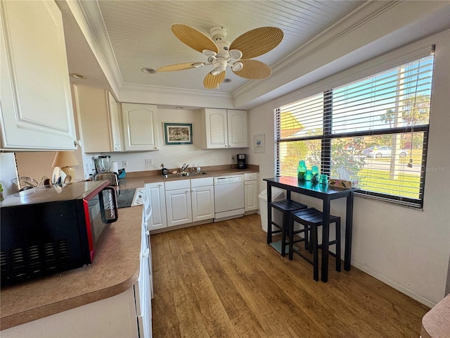 kitchen with ornamental molding, a raised ceiling, light hardwood / wood-style flooring, dishwasher, and white cabinetry