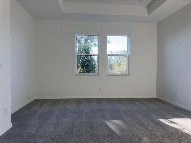 spare room featuring a tray ceiling and dark carpet