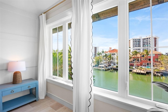 entryway with light hardwood / wood-style floors, a water view, and a wealth of natural light