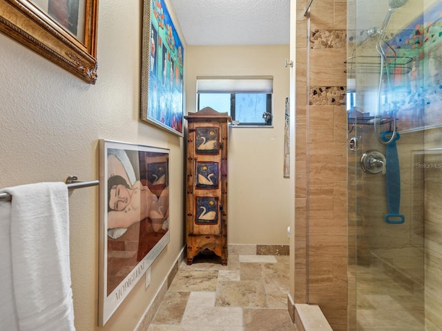 3888 Shady Brook Ln, Sarasota, FL 34243 - bathroom with stone tile flooring, a shower stall, baseboards, and toilet
