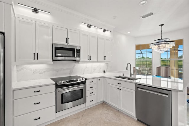 kitchen with white cabinets, sink, a notable chandelier, kitchen peninsula, and stainless steel appliances