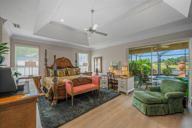 bedroom featuring access to outside, ceiling fan, ornamental molding, and light wood-type flooring