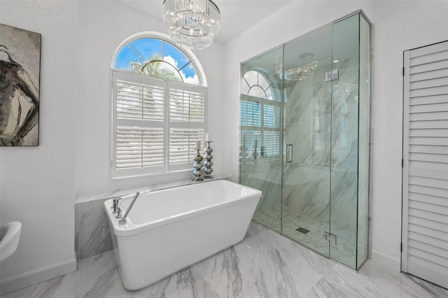 bathroom with a notable chandelier and plus walk in shower