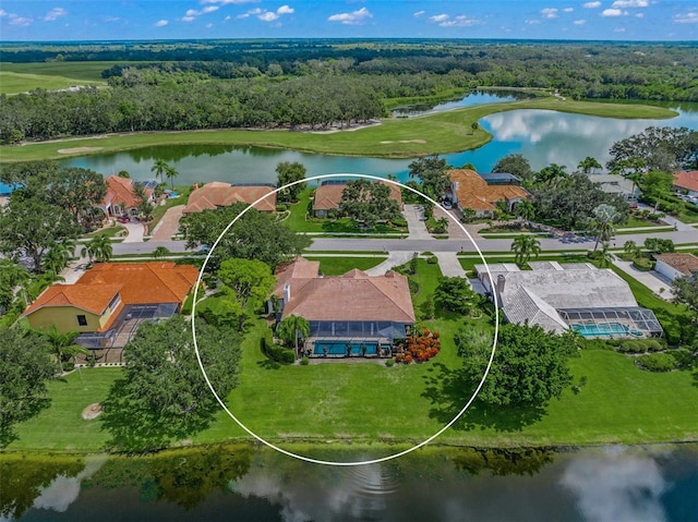 birds eye view of property featuring a water view