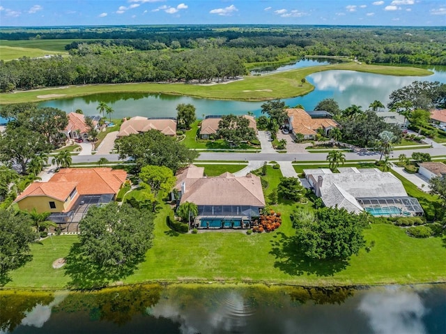 drone / aerial view with a water view