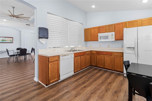 kitchen featuring dark hardwood / wood-style flooring, white appliances, ceiling fan, sink, and a high ceiling