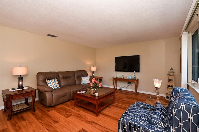 living room with a textured ceiling and hardwood / wood-style flooring