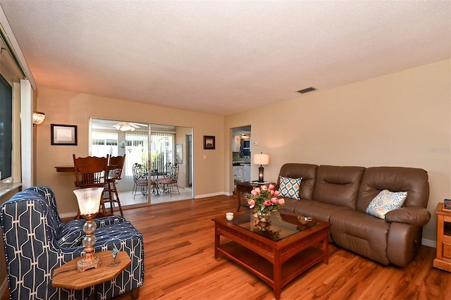 living room with hardwood / wood-style flooring and a textured ceiling