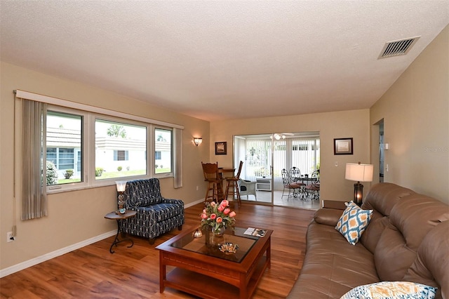 living room with wood-type flooring and a textured ceiling