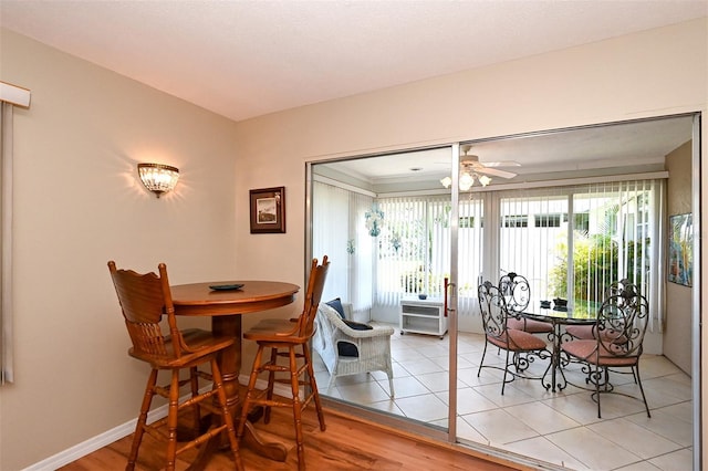 dining space with light hardwood / wood-style floors and ceiling fan