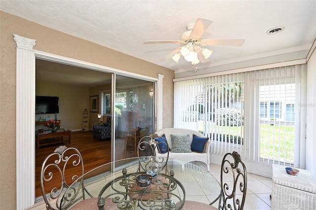 sunroom / solarium with a wealth of natural light and ceiling fan