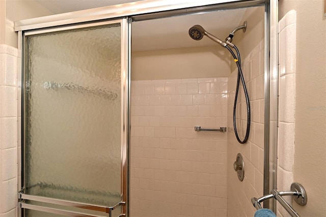 bathroom featuring a shower with door