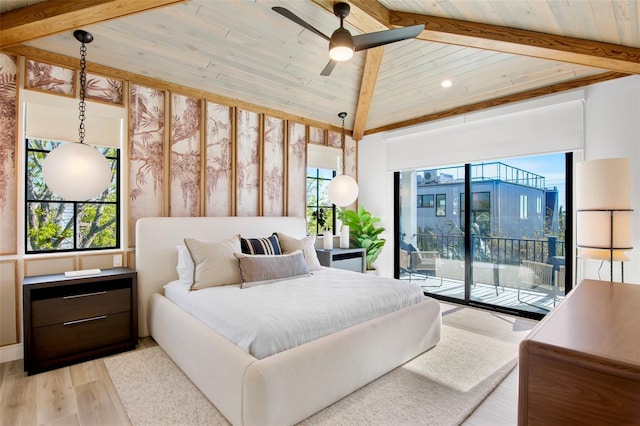 bedroom with access to exterior, ceiling fan, light hardwood / wood-style flooring, lofted ceiling with beams, and wood ceiling