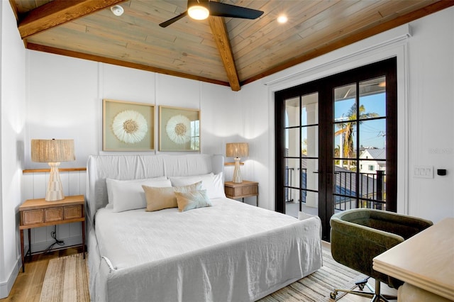 bedroom with access to exterior, ceiling fan, light hardwood / wood-style flooring, lofted ceiling with beams, and wood ceiling