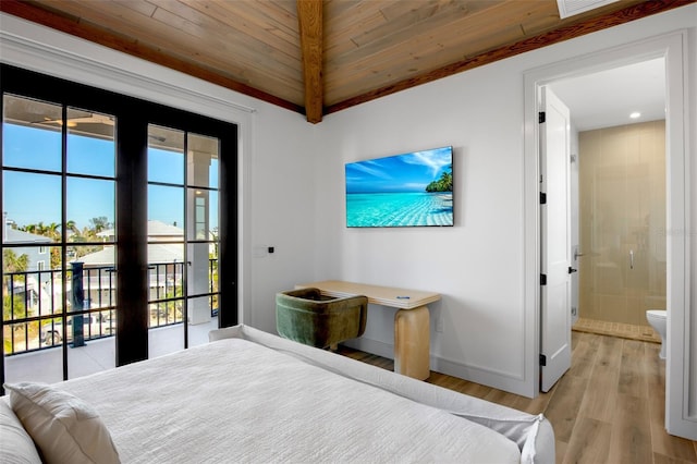 bedroom with connected bathroom, access to exterior, light hardwood / wood-style flooring, lofted ceiling, and wood ceiling