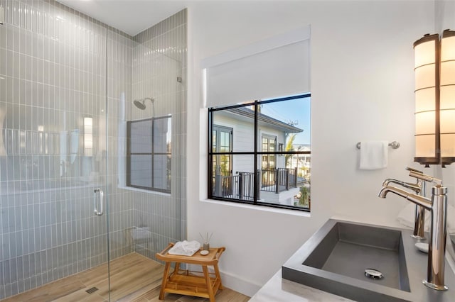 bathroom with sink, hardwood / wood-style floors, and walk in shower