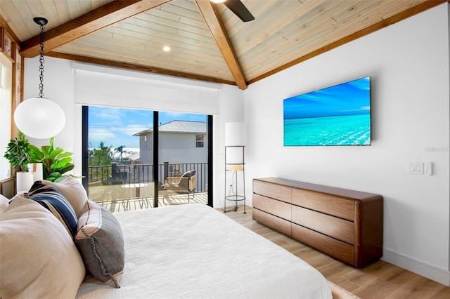 bedroom featuring access to exterior, ceiling fan, wooden ceiling, vaulted ceiling with beams, and light wood-type flooring