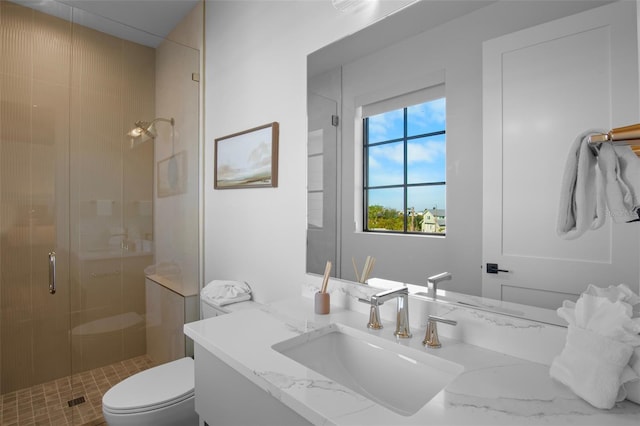 bathroom featuring vanity, toilet, and a shower with shower door