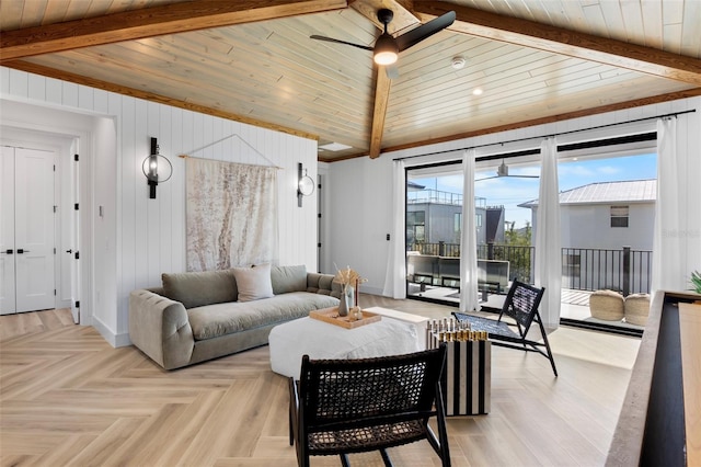 living room featuring wood ceiling, ceiling fan, light parquet flooring, and lofted ceiling with beams