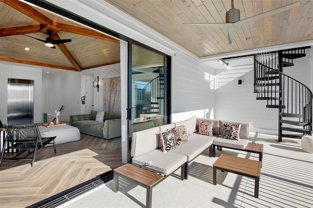 living room with parquet flooring, wood ceiling, ceiling fan, lofted ceiling with beams, and elevator