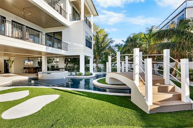 exterior space featuring a yard, a bar, and a patio