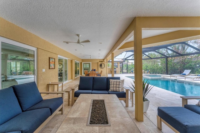 view of patio featuring an outdoor living space, ceiling fan, a swimming pool with hot tub, and glass enclosure