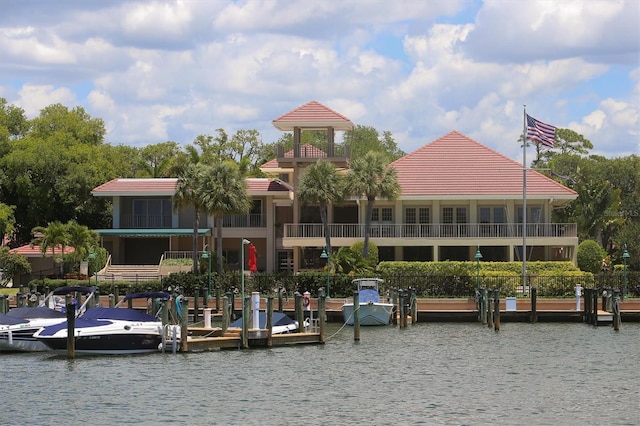 exterior space with a water view