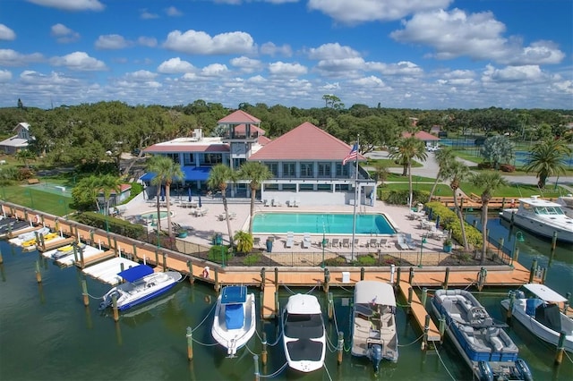 aerial view featuring a water view