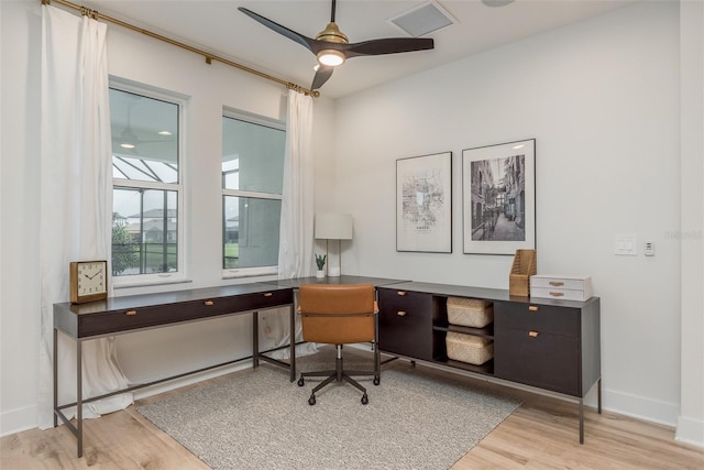 office area with ceiling fan and light hardwood / wood-style flooring