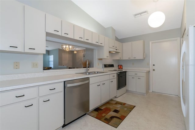 kitchen featuring white fridge, stainless steel dishwasher, decorative light fixtures, electric range oven, and white cabinetry