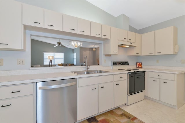 kitchen with white electric range oven, vaulted ceiling, ceiling fan, sink, and dishwasher