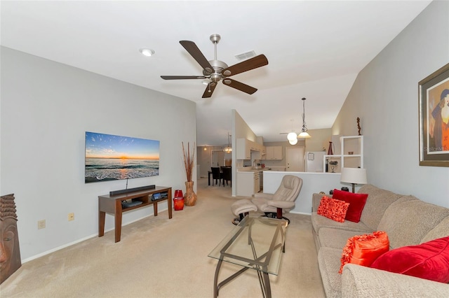 living room featuring light carpet, ceiling fan, and lofted ceiling