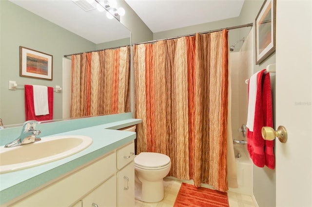 full bathroom with vanity, shower / bathtub combination with curtain, and toilet