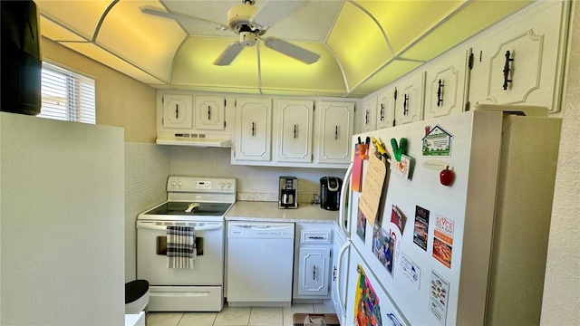 kitchen with tasteful backsplash, white appliances, ceiling fan, white cabinetry, and light tile patterned flooring