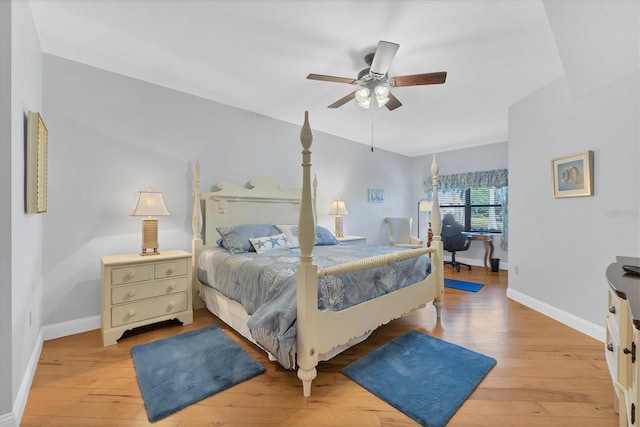 bedroom featuring light wood-type flooring and ceiling fan