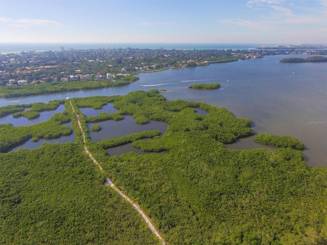 drone / aerial view featuring a water view