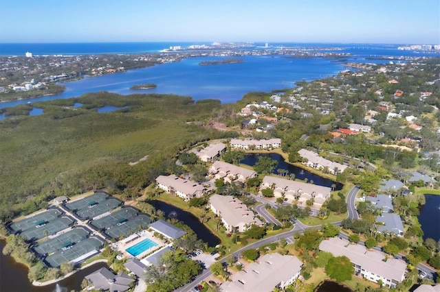 drone / aerial view featuring a water view