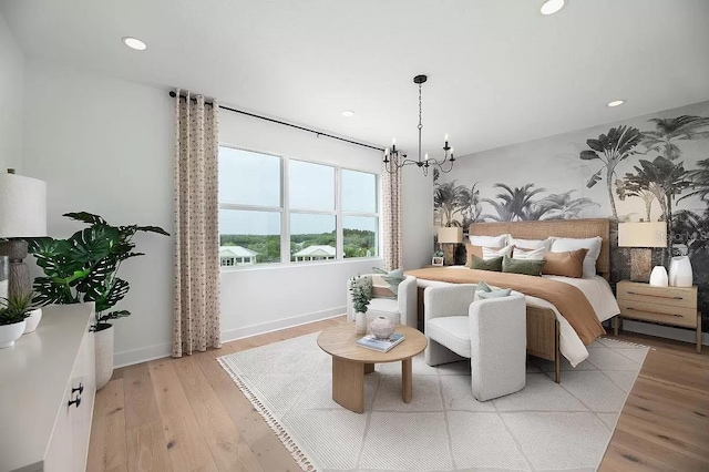 bedroom featuring a chandelier and light hardwood / wood-style floors