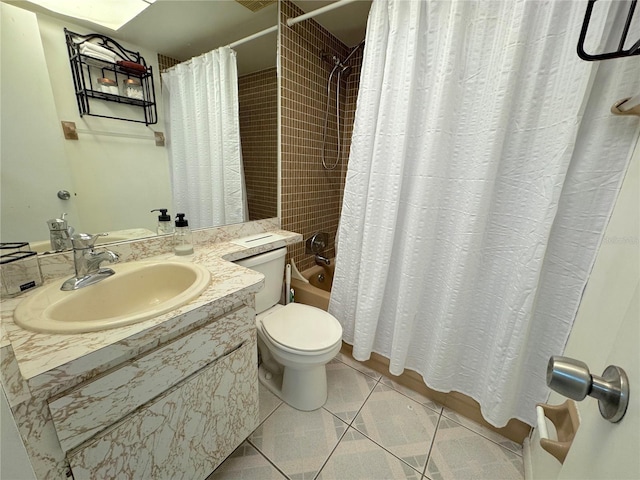 full bathroom with toilet, vanity, tile patterned floors, and shower / bathtub combination with curtain