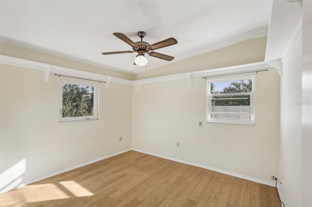 unfurnished room featuring light wood-type flooring, a wealth of natural light, and vaulted ceiling