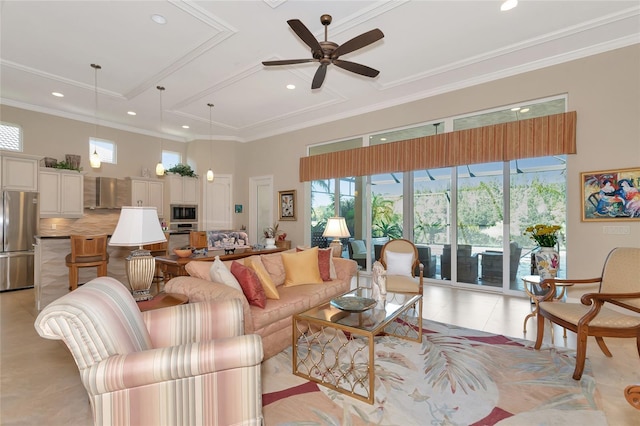 living room with ceiling fan, light tile patterned floors, and ornamental molding