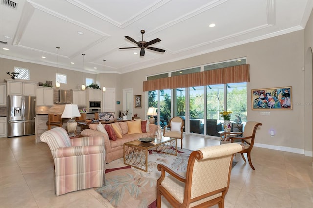 tiled living room featuring ceiling fan, crown molding, and coffered ceiling