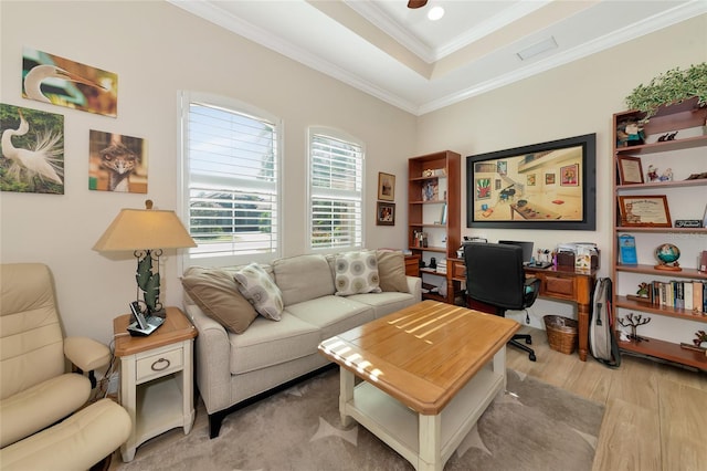 office featuring crown molding and light hardwood / wood-style flooring