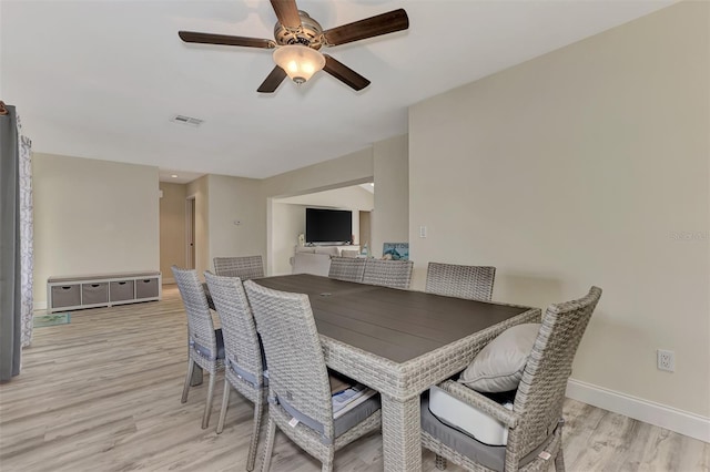 dining area featuring ceiling fan and light wood-type flooring