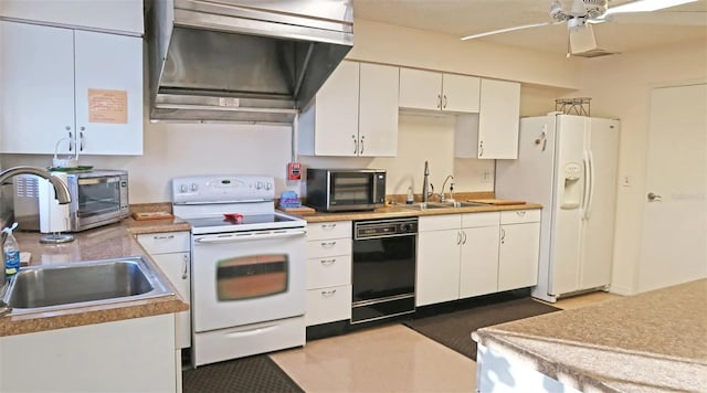 kitchen with range hood, white cabinets, white appliances, and sink