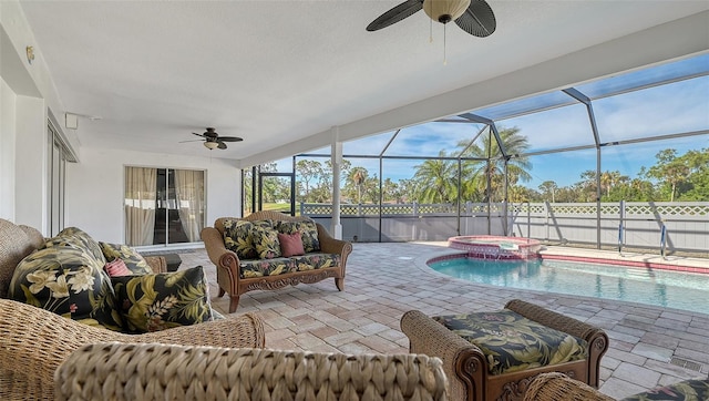 exterior space featuring outdoor lounge area, a patio, ceiling fan, and a lanai