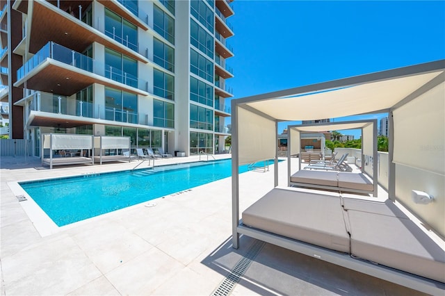 view of swimming pool featuring a patio area