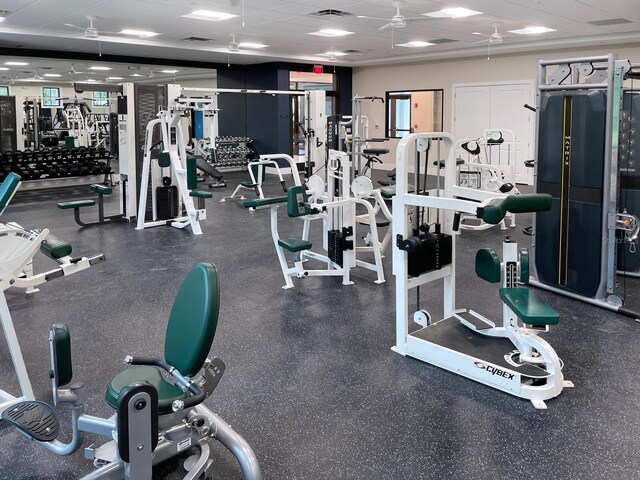 workout area featuring a paneled ceiling and ceiling fan